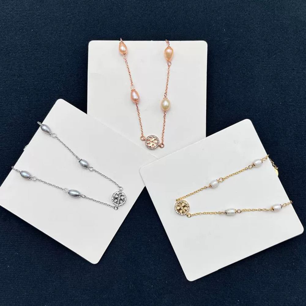 Tory Burch Gold Plated Double Circle Rhinestone Freshwater Pearl Necklace